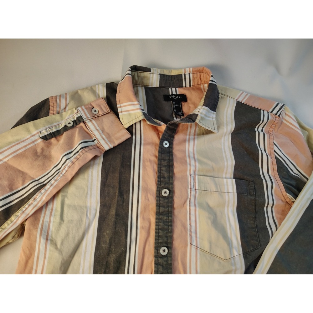 Forever 21 Men Striped Button Down Shirt Long Sleeve Grey Peach Cotton Small